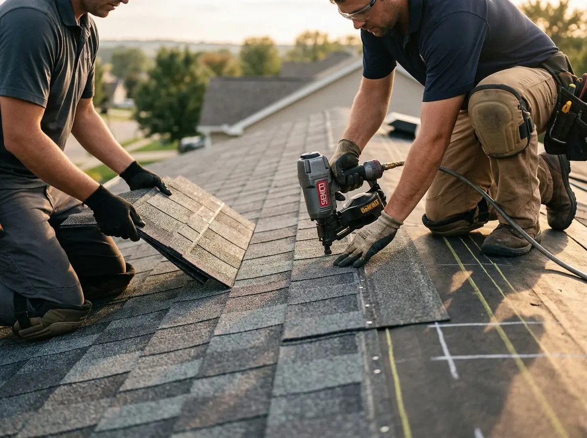 Professional roofer working on a residential roof in Tupelo